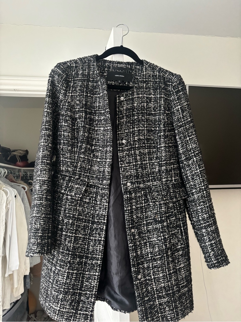Vero Moda Black & White Tweed Collarless Blazer Jacket